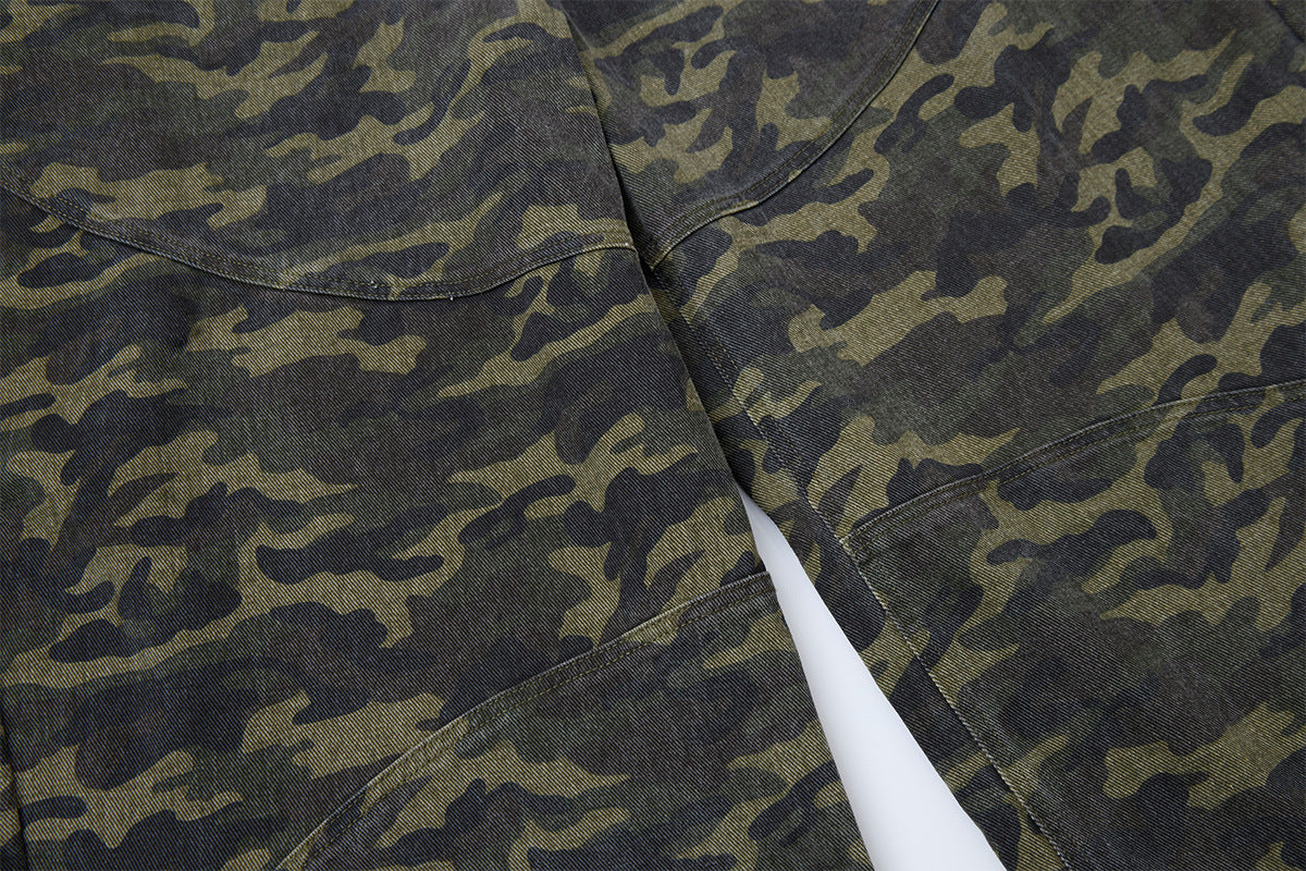 Camo Wide-Leg Balloon Pants – High-Waist Layered Faux Two-Piece with Cross Patch