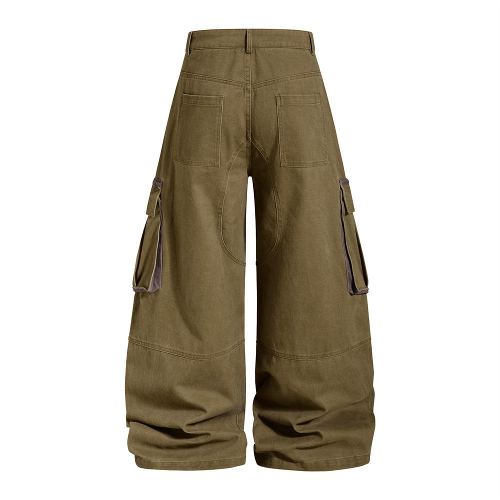 Wide-Leg Cargo Pants with Multi-Pocket Contrast Panel Design