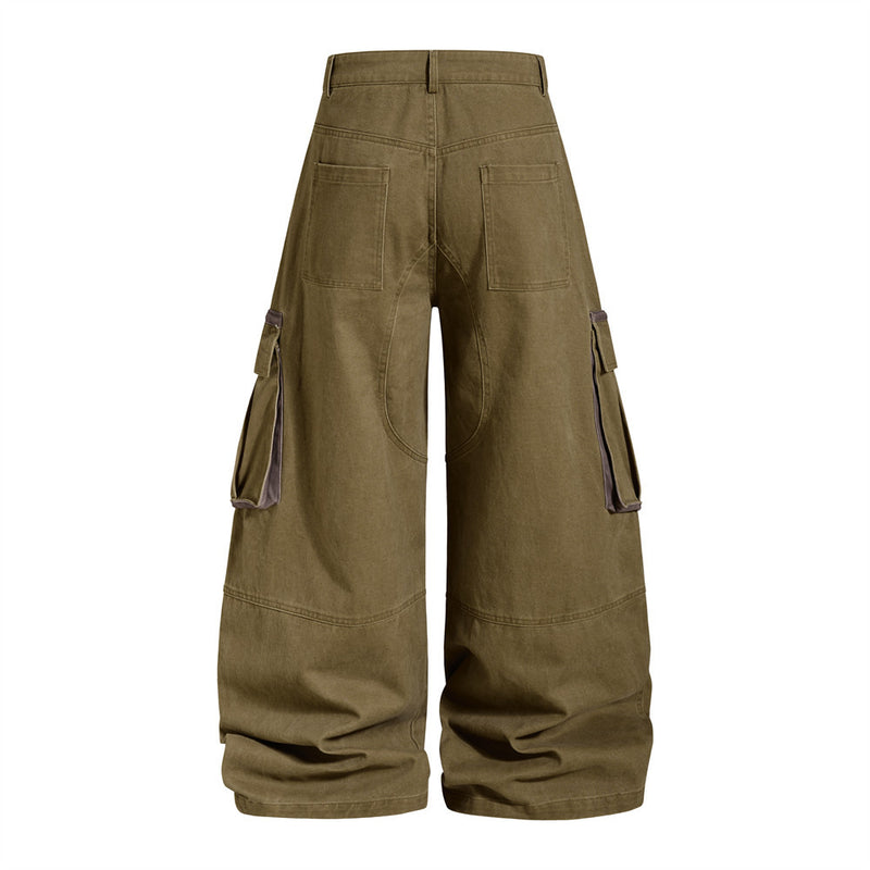 Wide-Leg Cargo Pants with Multi-Pocket Contrast Panel Design