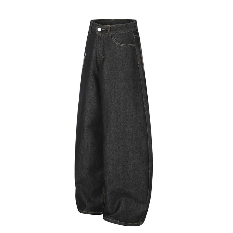 Wide-Leg Barrel Jeans – Dark Black Denim with Camo Pocket & Embroidered Graphic