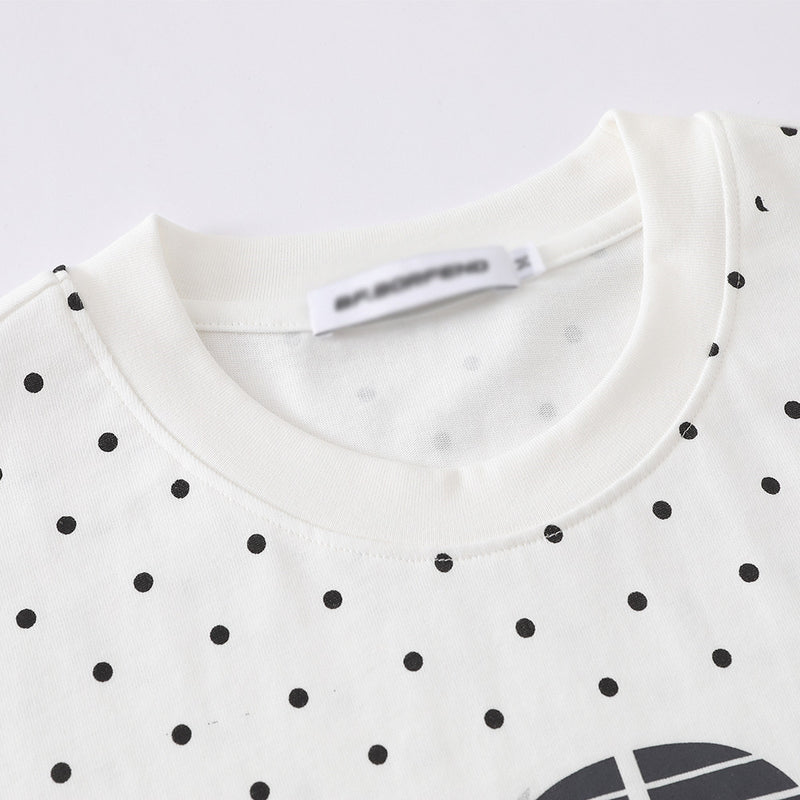 Polka Dot Oversized Graphic Tee – BOR Letter Print, Crew Neck Short Sleeve