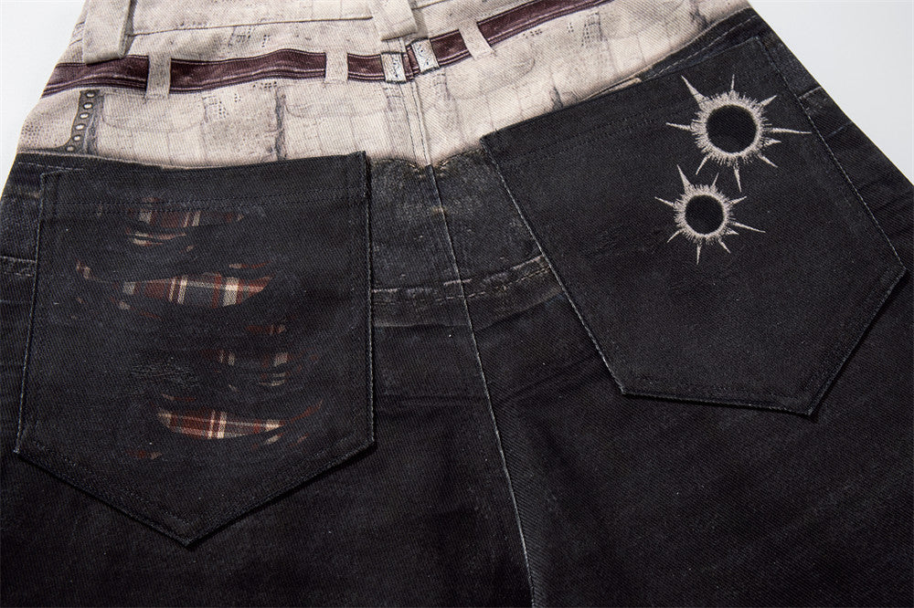 Wide-Leg Jeans with Faux Double Waistband, Rope Lace-Up & Distressed Patchwork