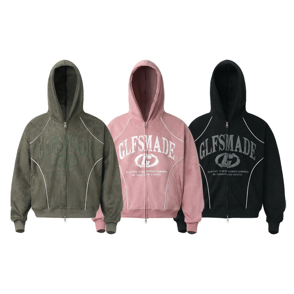 GLFSMADE oversized zip-up hoodie in olive green, blush pink, and black with arch letter print and contrast white piping
