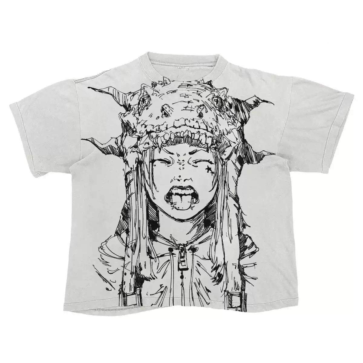 Vintage Wash Cream Anime Demon Girl Sketch Oversized Graphic Tee