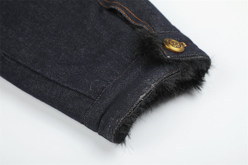 Dark Indigo Denim Jacket Men – Faux Fur Collar Sherpa-Lined Winter Trucker Coat