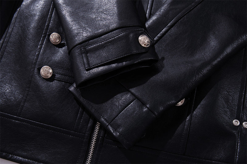 Veste militaire noire pour homme en similicuir PU avec double rangée de boutons argentés