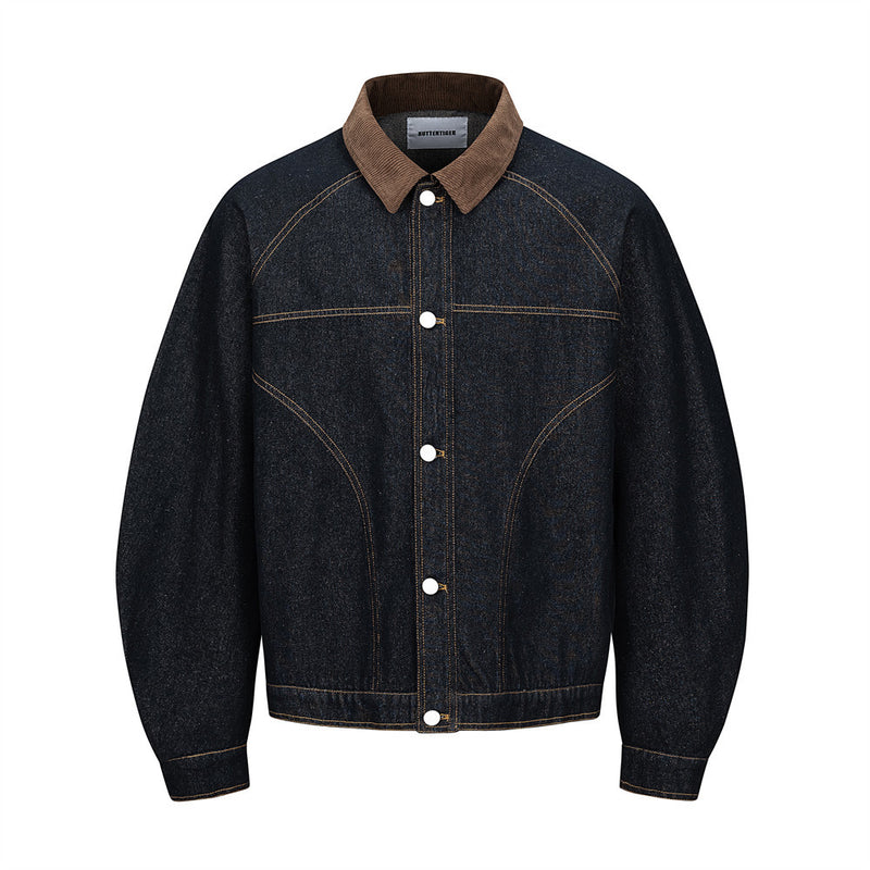 Men's Raw Denim Jacket with Corduroy Collar — Deconstructed Seam Design