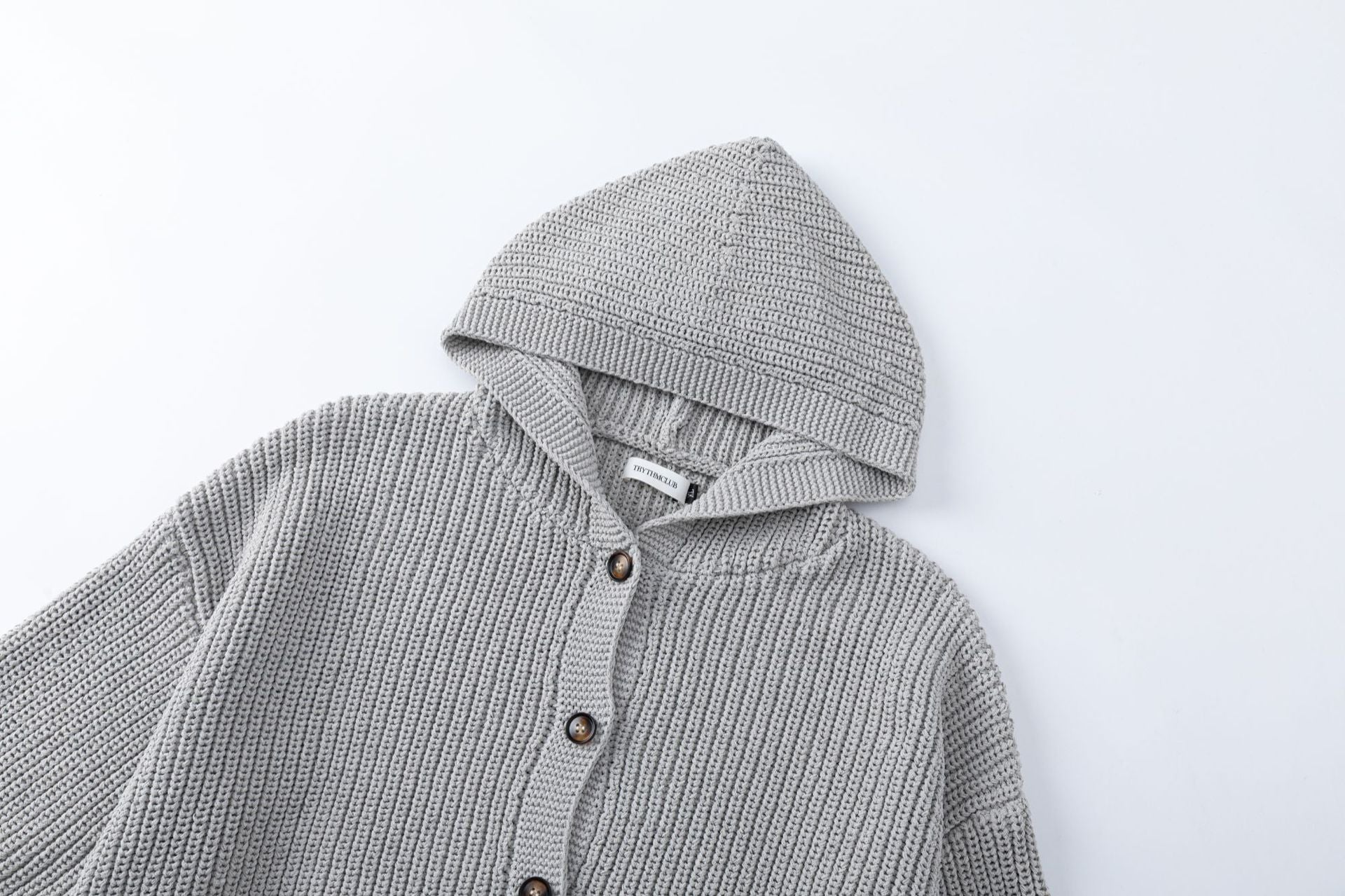 Hooded Knit Button Cardigan with Distressed Hem – Relaxed Vintage Streetwear