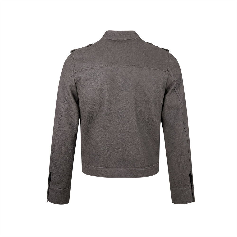 Men's Faux Leather Military Jacket – Double-Breasted Stand Collar Short Coat