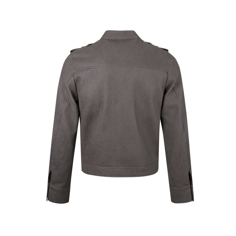Men's Faux Leather Military Jacket – Double-Breasted Stand Collar Short Coat