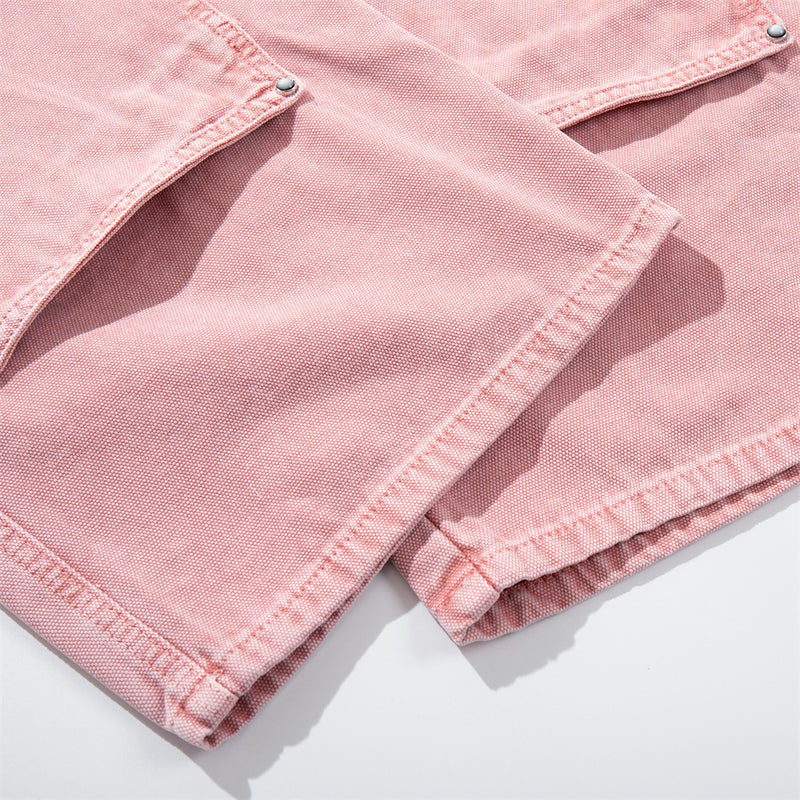 Wide-Leg Carpenter Jeans – Patchwork Studded Pink Washed Denim