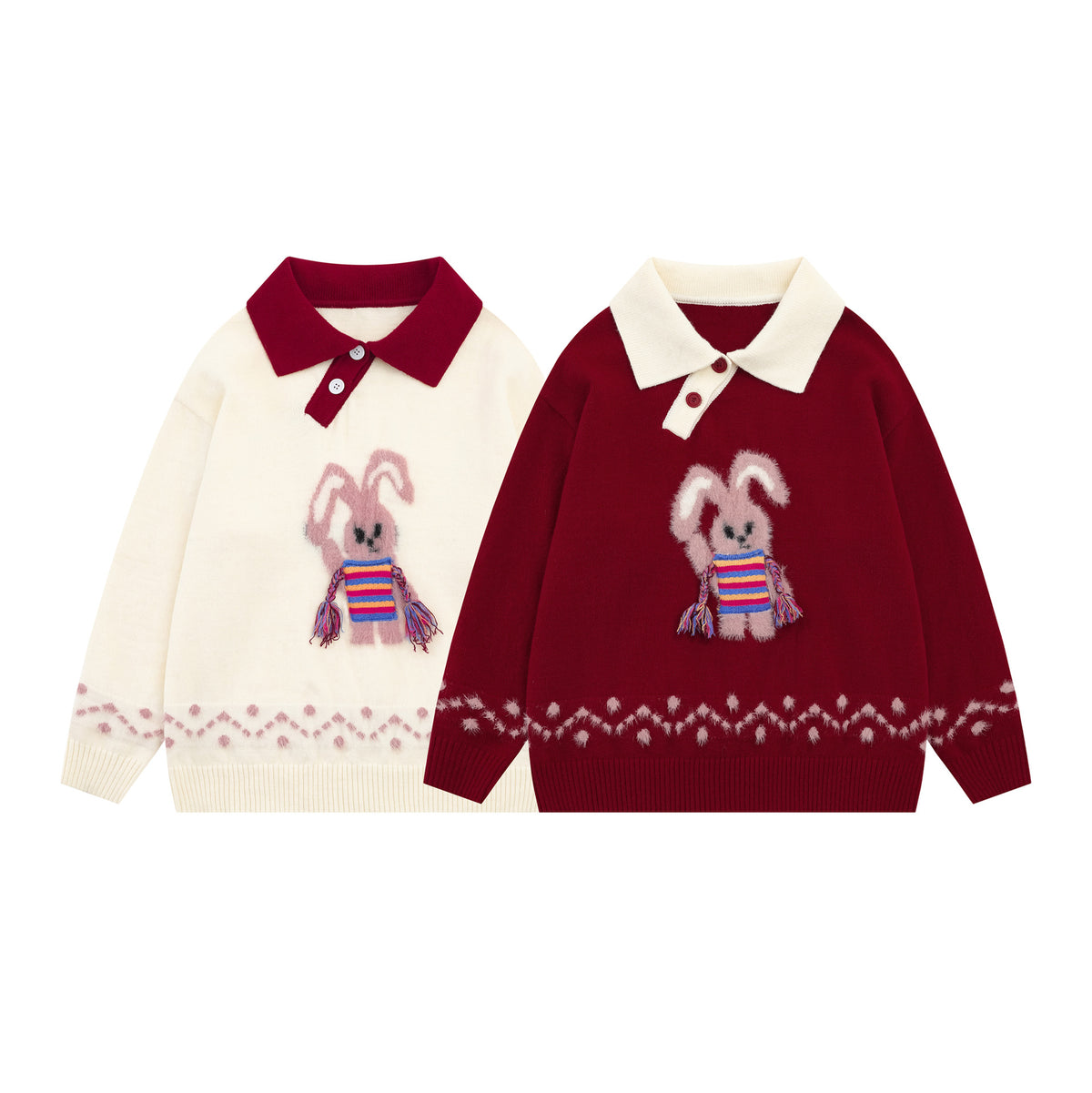 Cute Rabbit Jacquard Polo Collar Knit Sweater – Fluffy Bunny Graphic Pullover