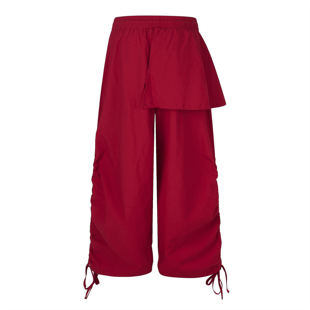 Wide-Leg Parachute Pants with Ruched Side Drawstring & Layered Flap Detail