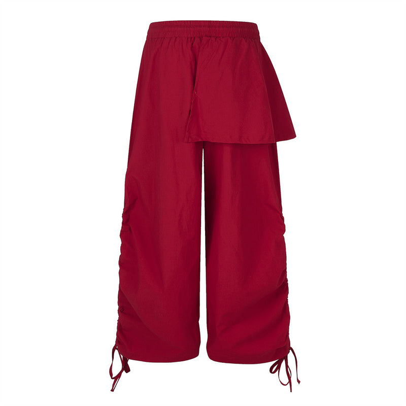 Wide-Leg Parachute Pants with Ruched Side Drawstring & Layered Flap Detail