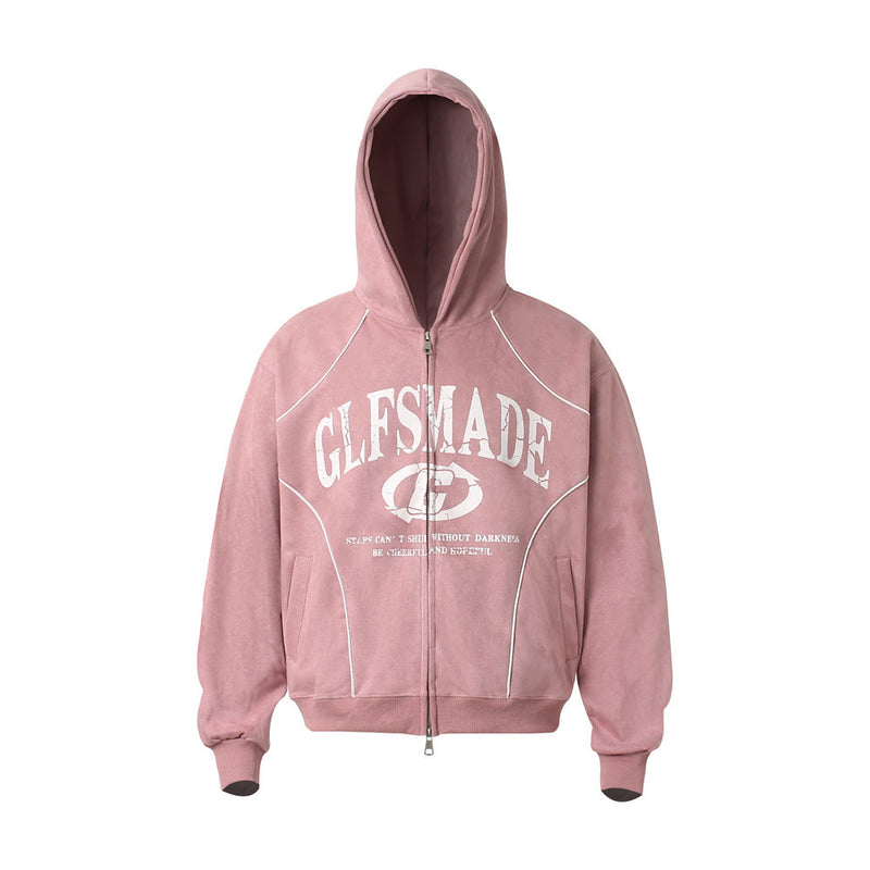 GLFSMADE Letter Print Zip-Up Hoodie – Double-Zip Oversized Streetwear Jacket