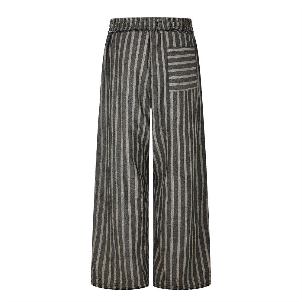 Wide-Leg Striped Drawstring Pants – Vintage Distressed Raw-Hem
