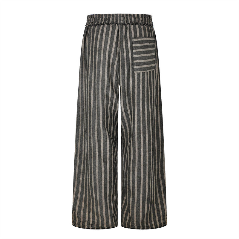 Wide-Leg Striped Drawstring Pants – Vintage Distressed Raw-Hem