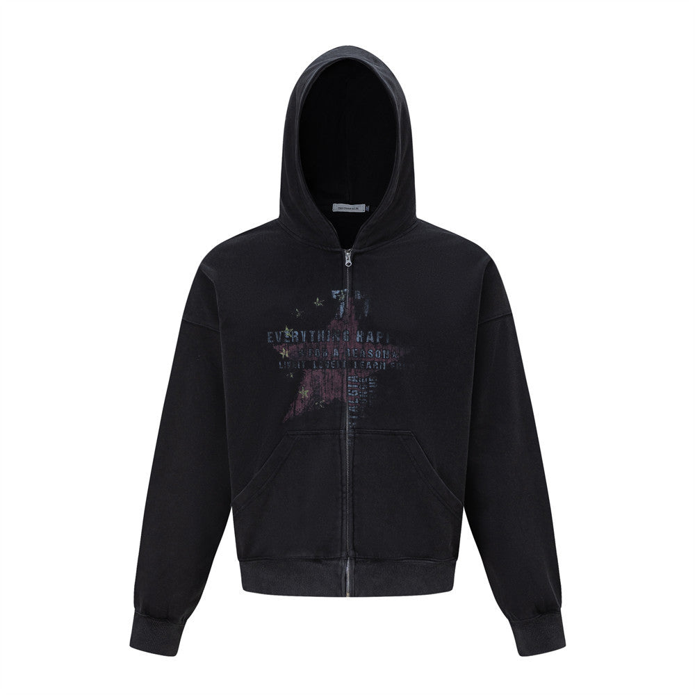 Men's Vintage Star Graphic Zip-Up Hoodie – Oversized American Retro Streetwear