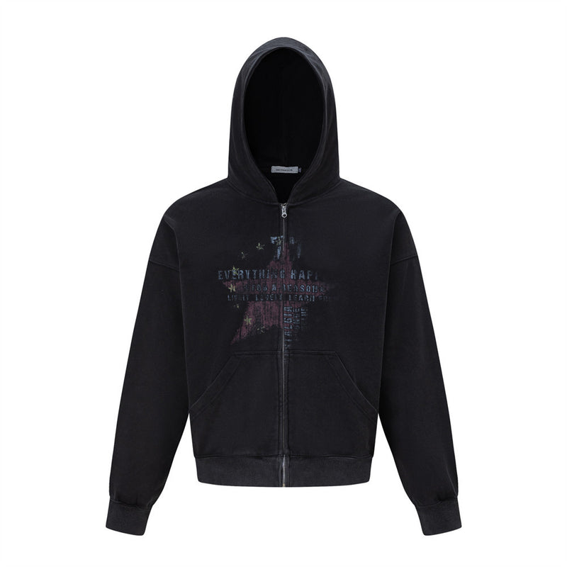 Men's Vintage Star Graphic Zip-Up Hoodie – Oversized American Retro Streetwear