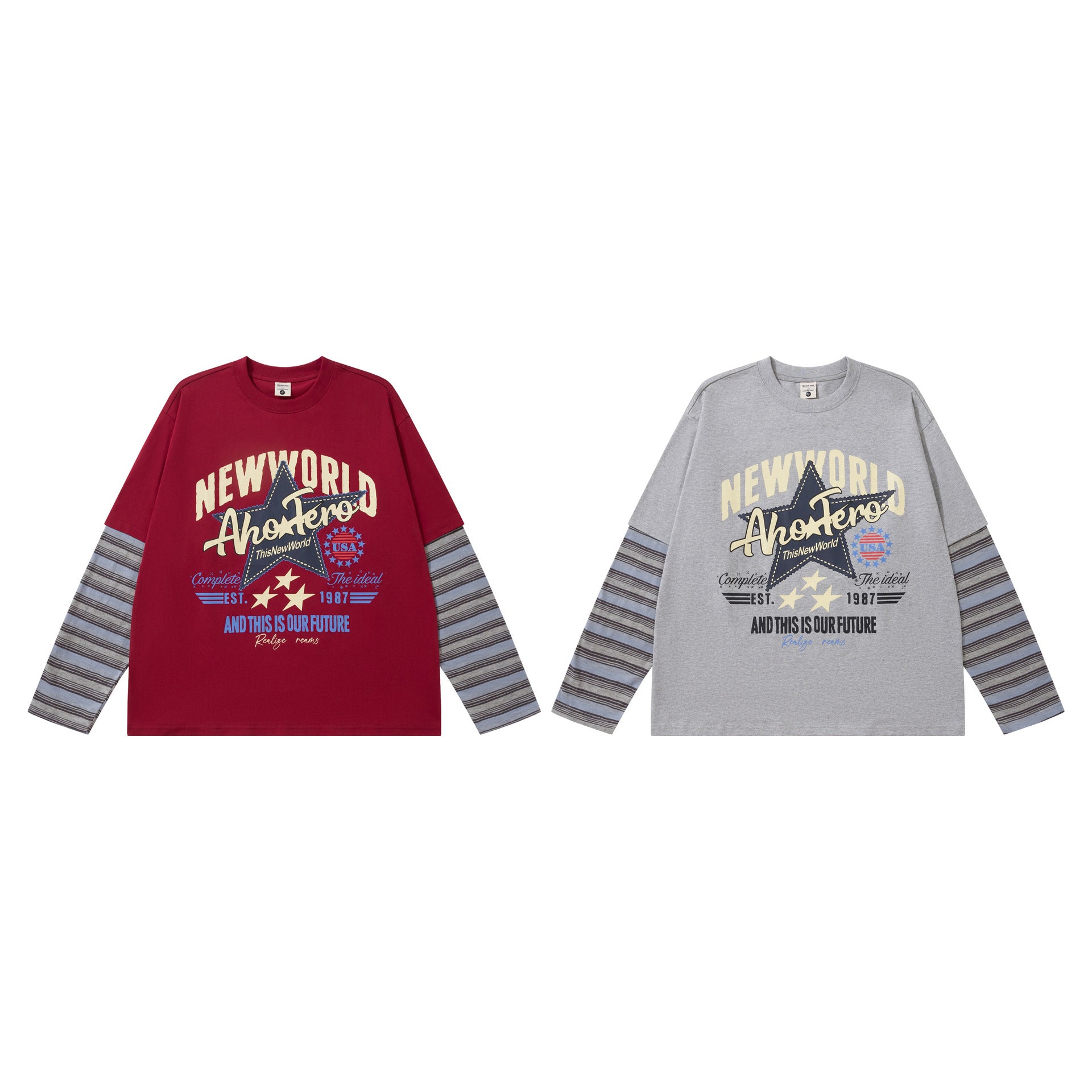 ニューワールド レトロ グラフィック長袖Tシャツ フェイクレイヤード ストライプスリーブ