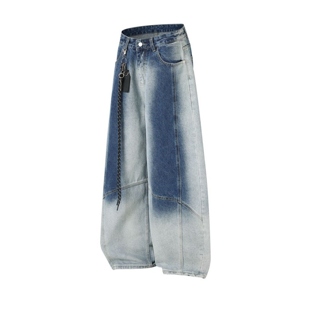 Wide-Leg Gradient Washed Jeans – Deconstructed Curved Seam Baggy Denim