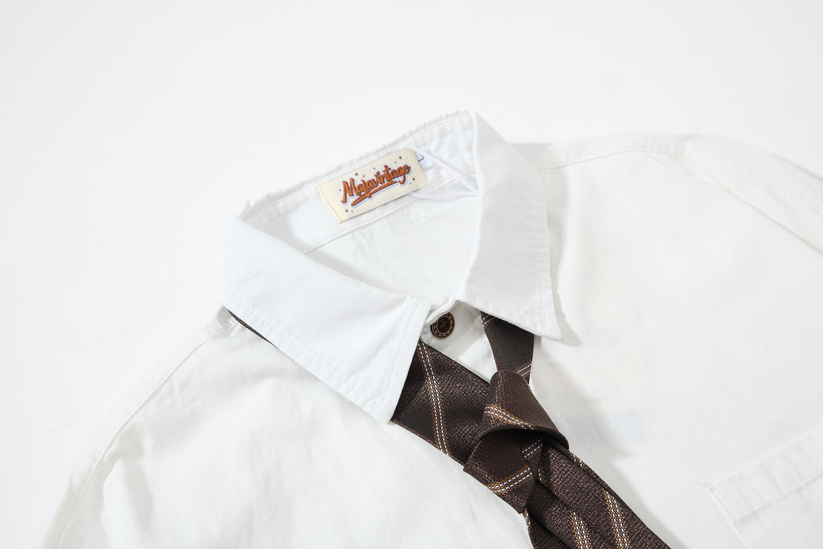 Tan Long Sleeve Shirt with Detachable Tie – Heart & Hook Embroidered Campus