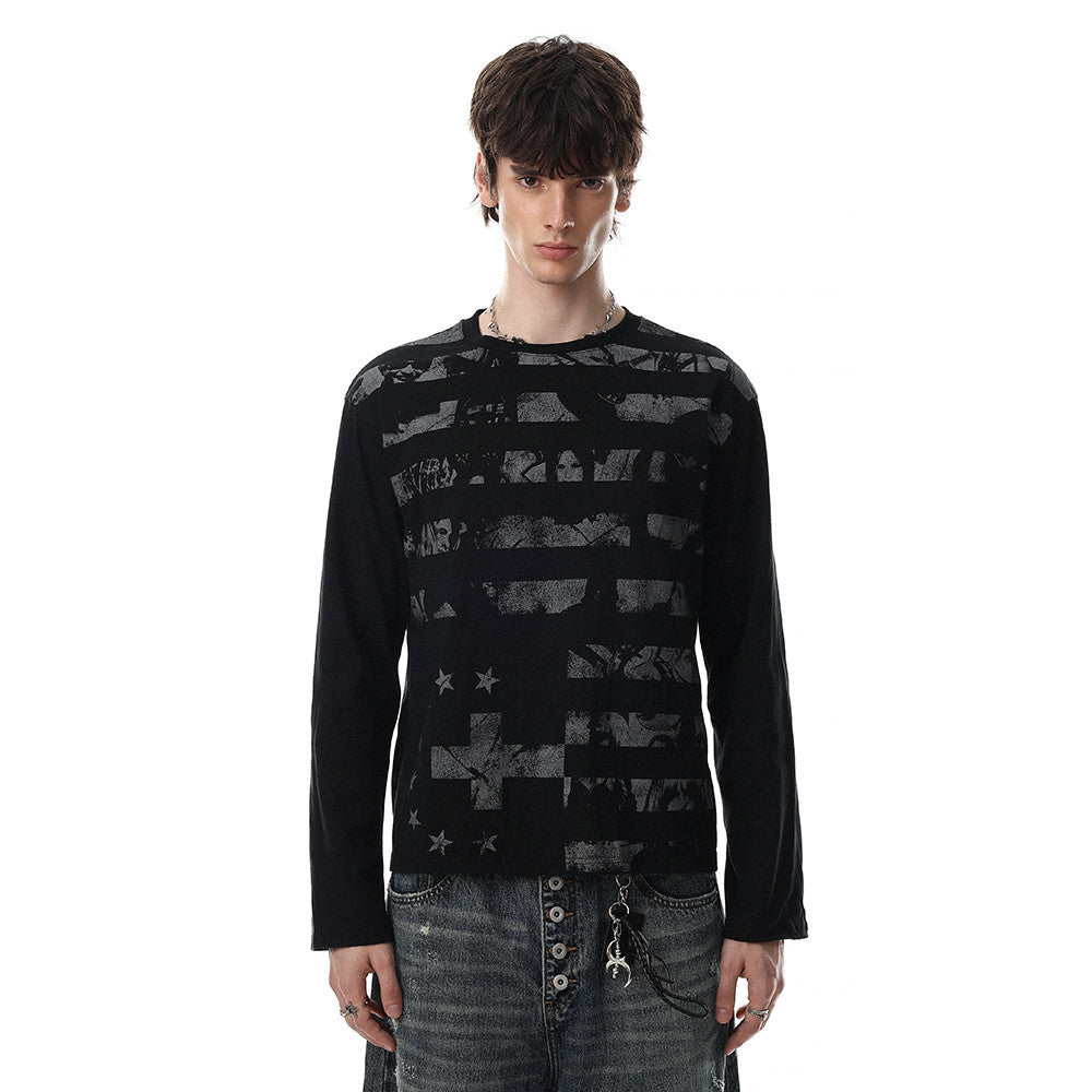 Men's black long sleeve graphic tee with distressed grey stripe and star print on the front, crew neck, slim fit