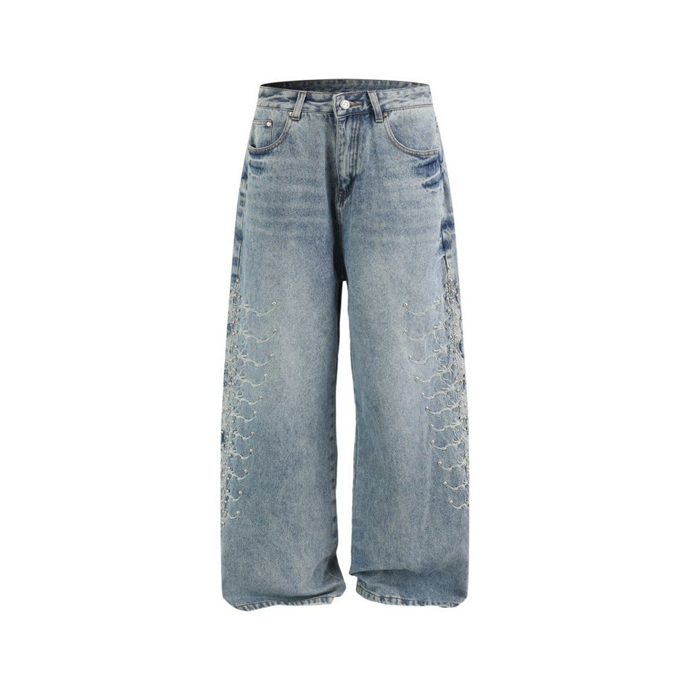 Men's Baggy Wide-Leg Jeans – Studded & Embroidered Washed Denim