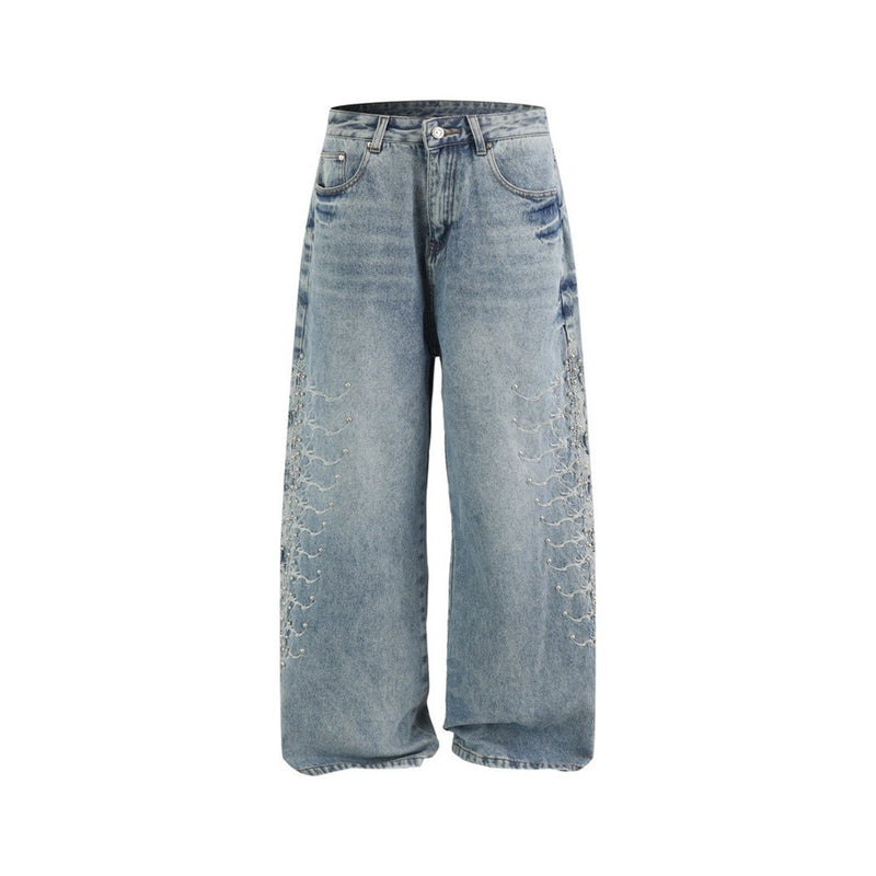 Men's Baggy Wide-Leg Jeans – Studded & Embroidered Washed Denim