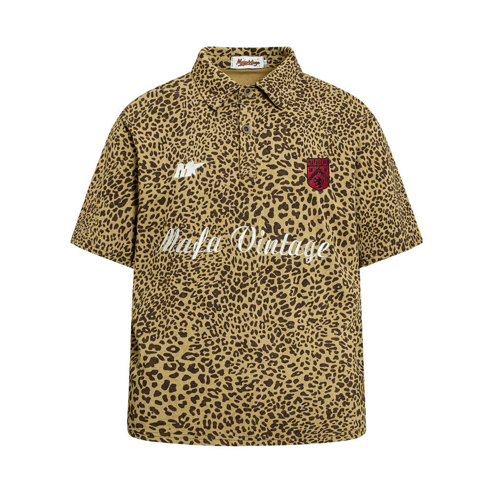 Mafa Vintage oversized leopard print short sleeve polo shirt with embroidered crest badge in tan colorway