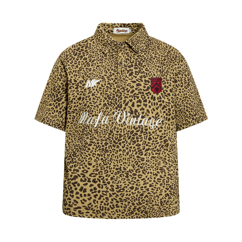 Mafa Vintage oversized leopard print short sleeve polo shirt with embroidered crest badge in tan colorway