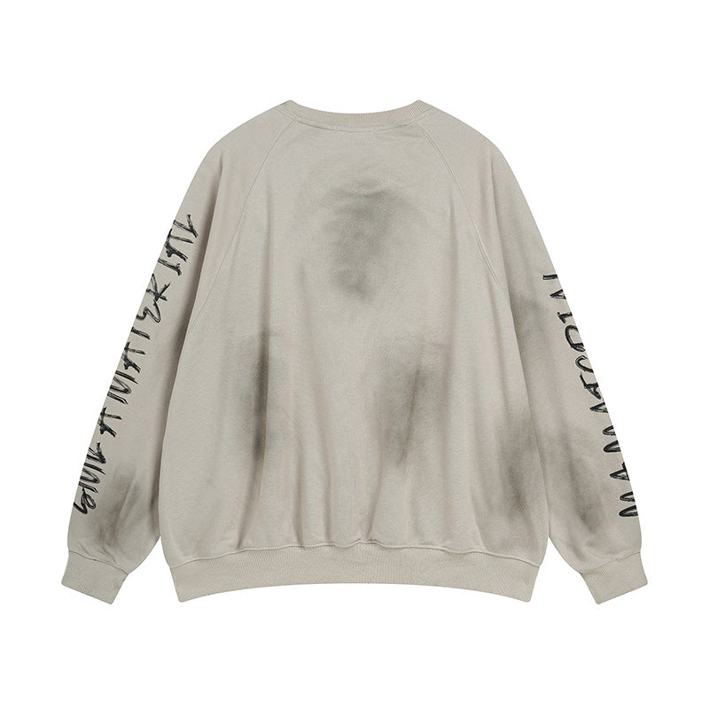 Men's Crew Neck Sweater Washed Distressed 'Material' Graphic Patch Sweatshirt
