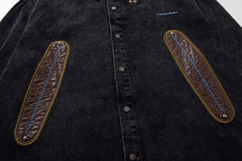 Acid Wash Denim Overshirt with Leather Patch Pockets & Snap Buttons