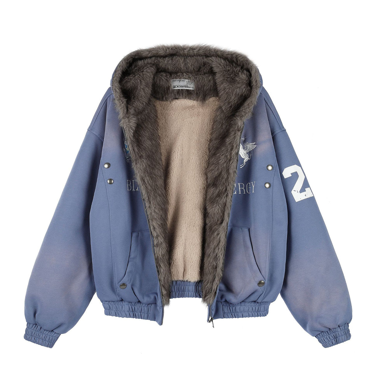 Black Energy Faux Fur-Lined Hooded Bomber Jacket – Washed Fleece Winter Coat