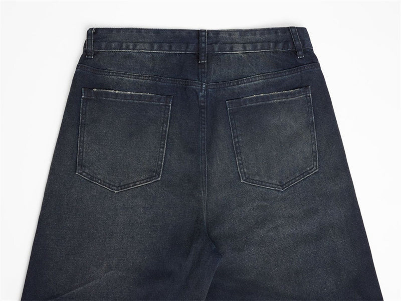 Men's Dark Wash Ripped Wide-Leg Jeans – Distressed Streetwear Denim