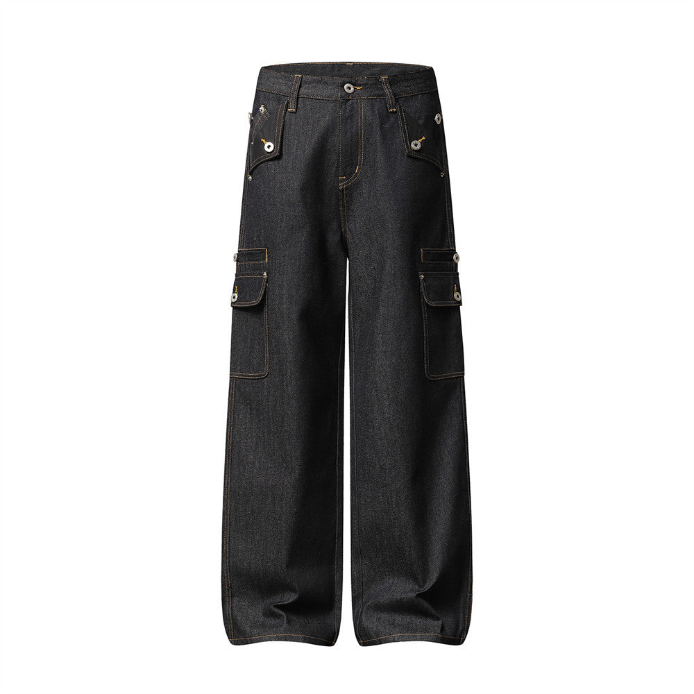 Men's Black Cargo Denim Jeans Wide-Leg Straight Fit with Large Pockets