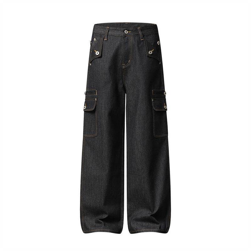 Men's Black Cargo Denim Jeans Wide-Leg Straight Fit with Large Pockets