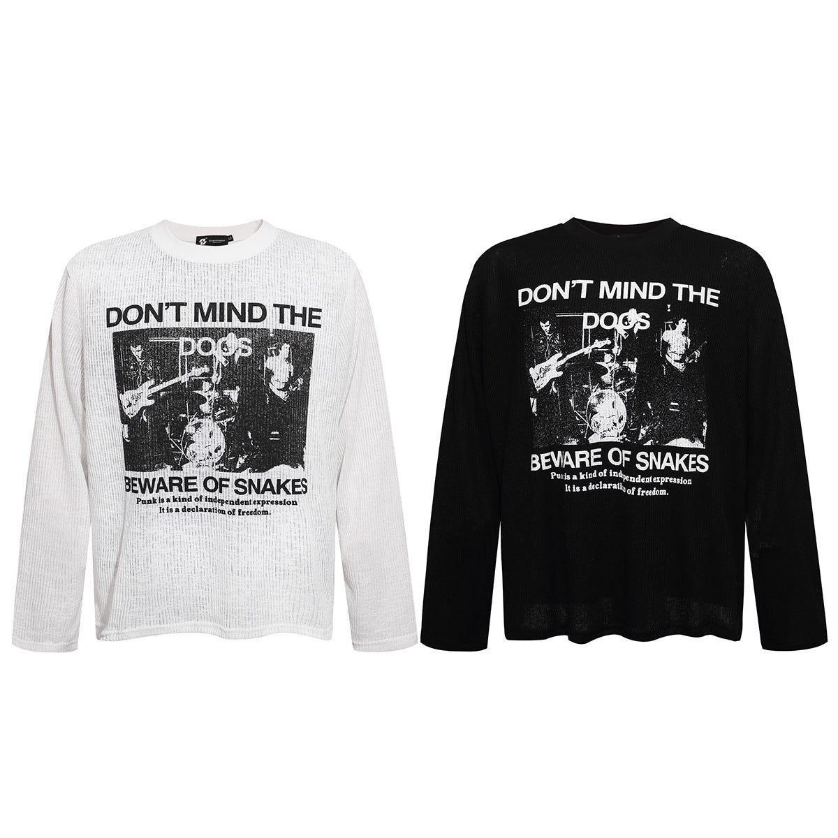 Camiseta de Manga Larga con Gráfico – Estampado de Banda Punk, Cuello Redondo y Punto Waffle