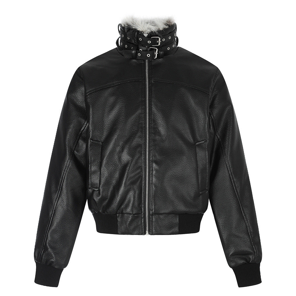 PU Leather Bomber Jacket with Faux Fur Collar & Buckle Strap Stand Neck