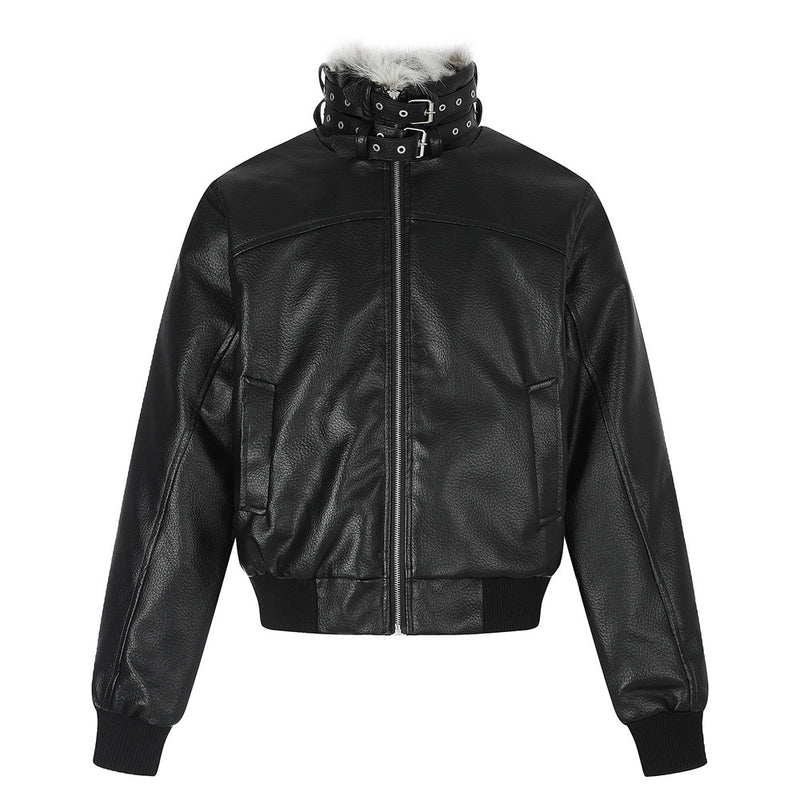 PU Leather Bomber Jacket with Faux Fur Collar & Buckle Strap Stand Neck
