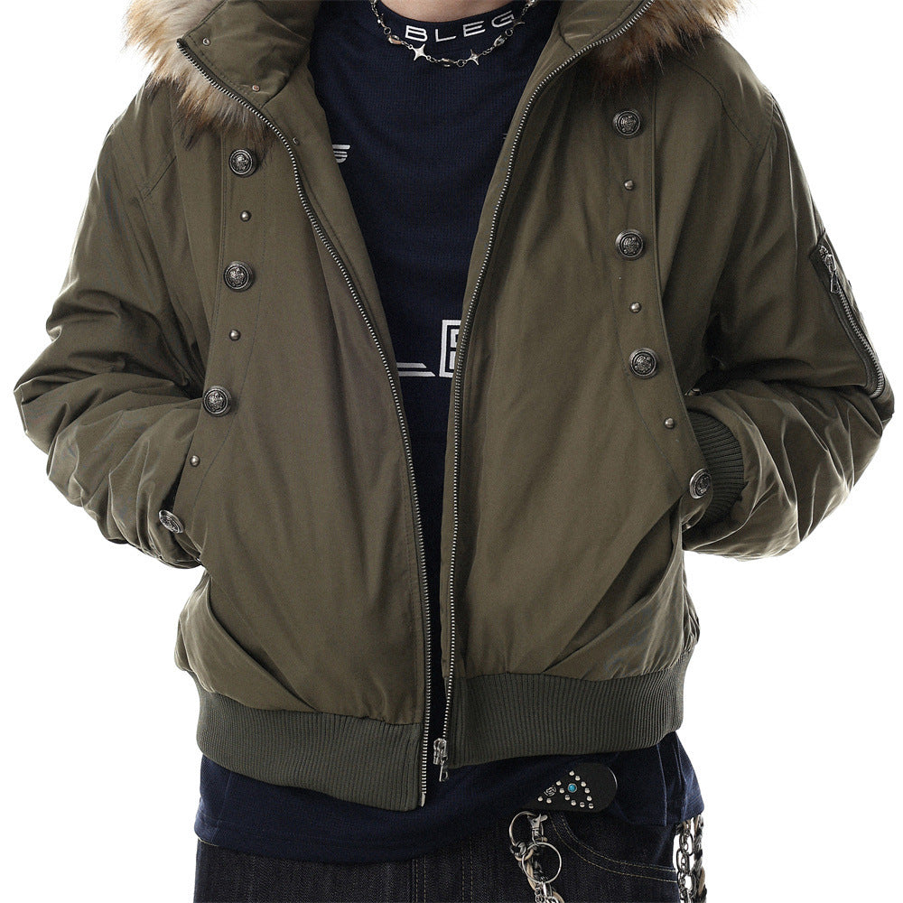 Men's Hooded Bomber Jacket with Detachable Fur-Trim Hood & Military Button
