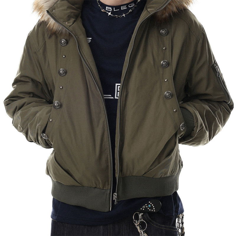 Men's Hooded Bomber Jacket with Detachable Fur-Trim Hood & Military Button