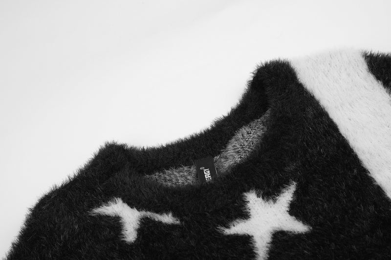 Stars & Stripes Fuzzy Knit Sweater – Black & White American Flag Pattern