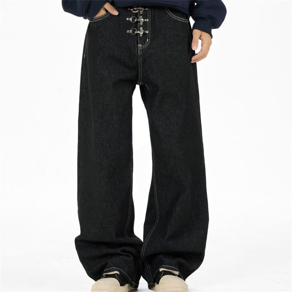 Black Wide-Leg Jeans – Metal Hook Closure & Contrast Stitching Streetwear Denim