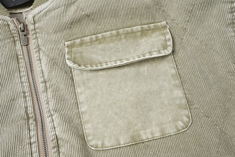 Quilted Corduroy Bomber Jacket – Acid-Washed Raw-Edge Baseball Jacket