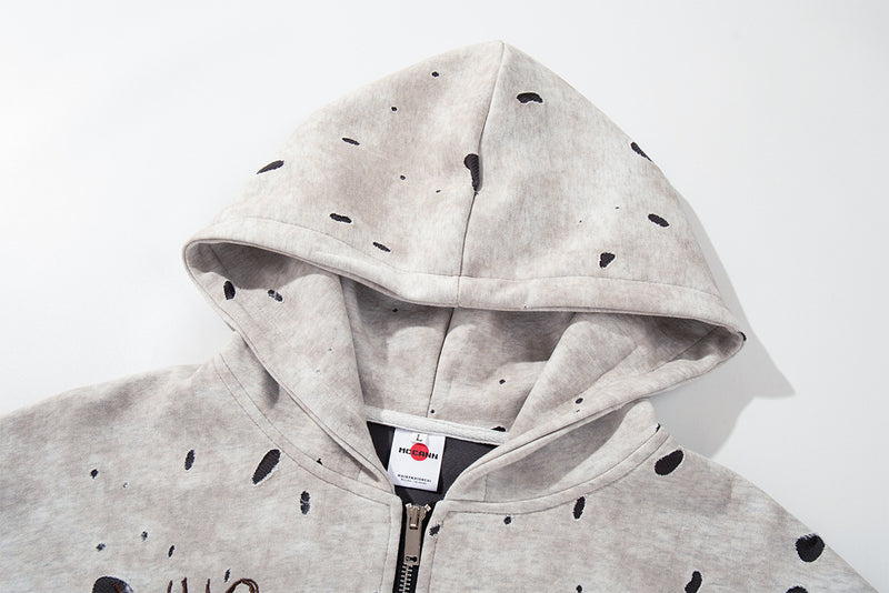 Gray Zip Up Hoodie – Washed Distressed Graffiti Graphic Zip-Front Streetwear
