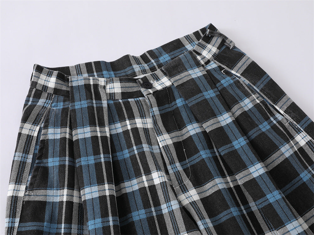 Plaid Wide-Leg Trousers – Double-Pleat Baggy Fit