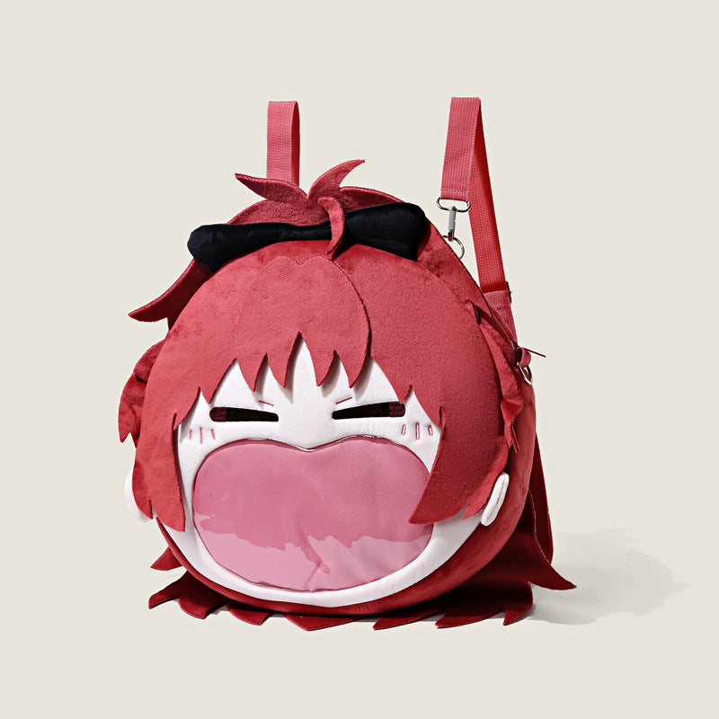 The Seakoff Madoka Magica Kyoko Sakura Plush Shoulder Bag features a fun anime design with a transparent mouth pocket, red straps, black bow, and detailed embroidered facial features, perfect for any fan&