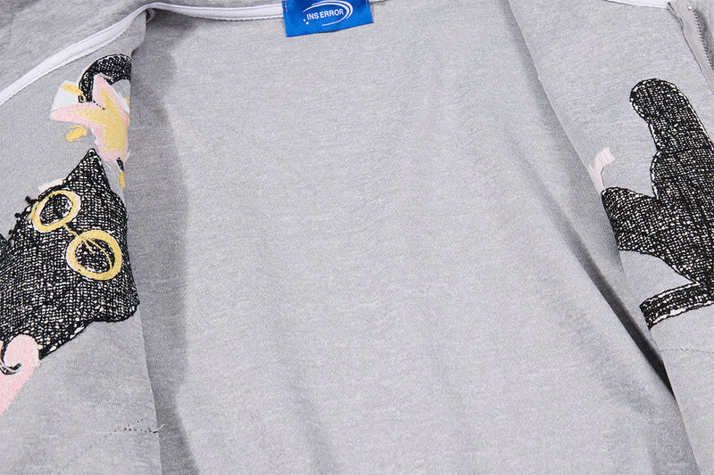 Sweat zippé gothique avec écusson chat brodé, ailes d’ange et capuche à oreilles de chat