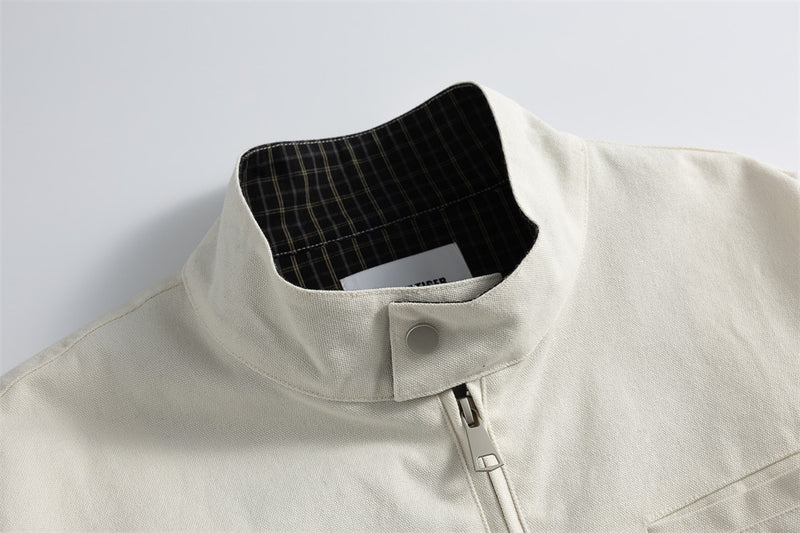 Men's Heavyweight Washed Cotton Harrington Jacket with Stand Collar & Zip